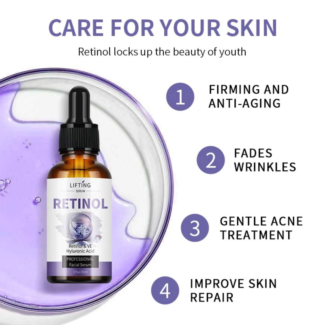 Retinol serum bottle with benefits listed on a white background