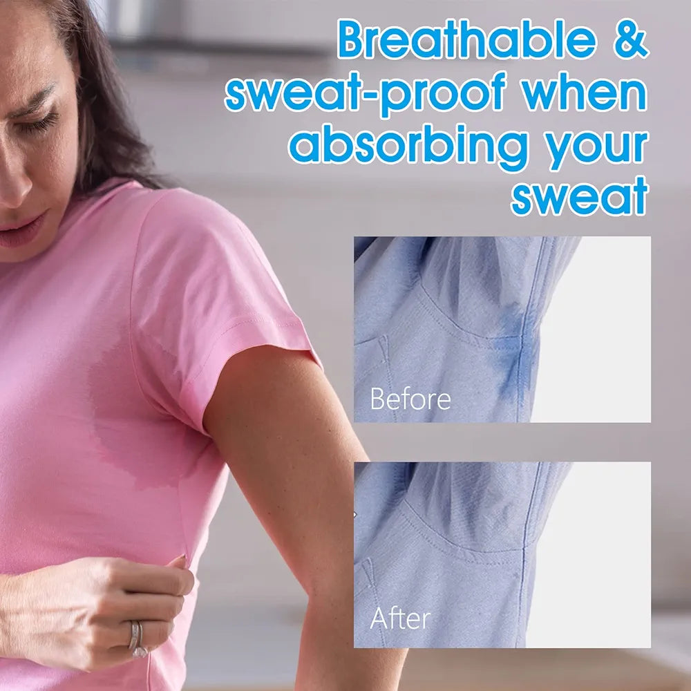Woman with sweat on shirt with text 'Breathable & sweat-proof when absorbing your sweat' and 'Before' and 'After' comparisons.