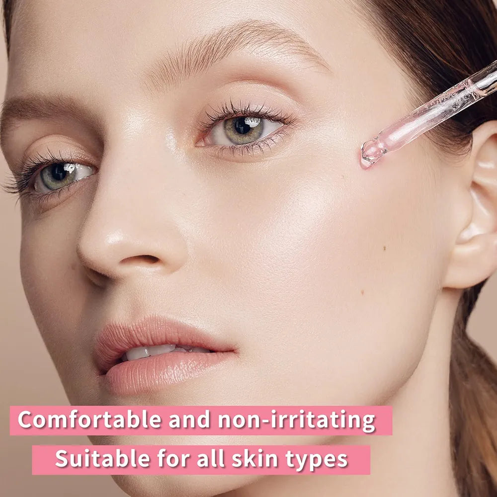 Close-up of a woman's face with a dropper near her eye, text indicating product suitability for all skin types.