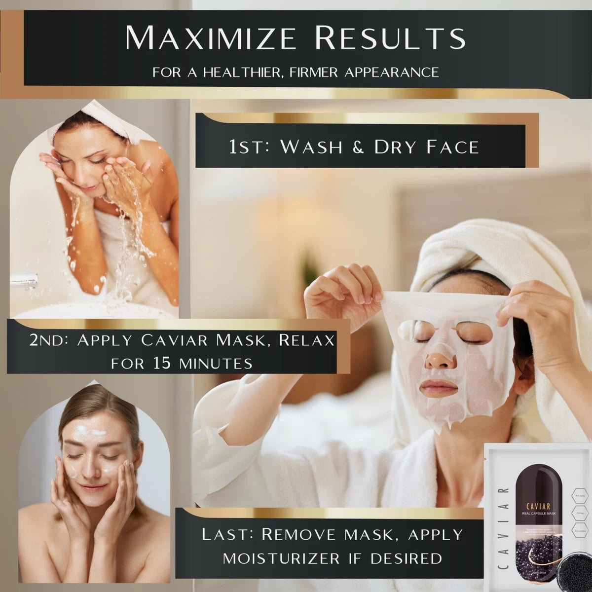 Step-by-step guide on using a caviar mask with text overlay.