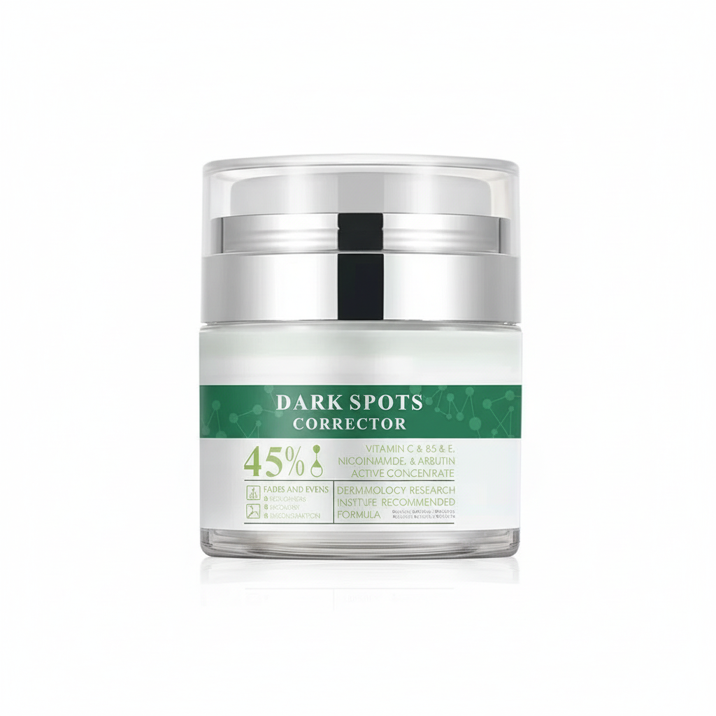 Skincare jar labeled 'Dark Spots Corrector' on a white background