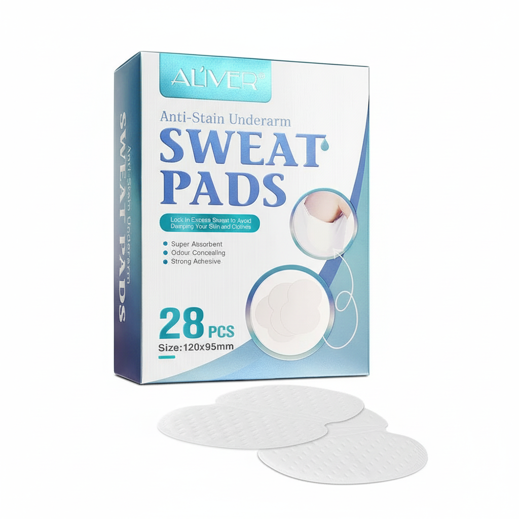 Box of Aliver anti-stain underarm sweat pads with two pads displayed in front on a white background.