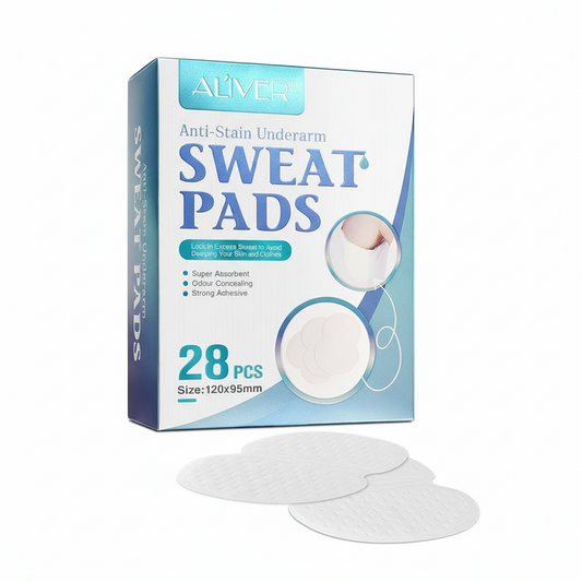 Box of Aliver anti-stain underarm sweat pads with two pads displayed in front on a white background.