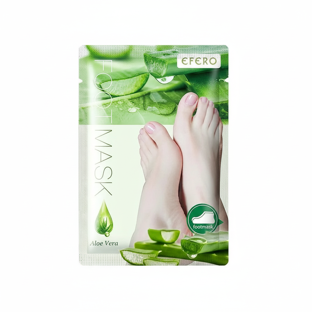 Aloe vera foot mask packaging with a foot image on a white background
