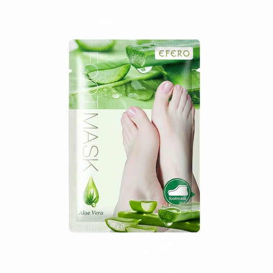 Aloe vera foot mask packaging with a foot image on a white background