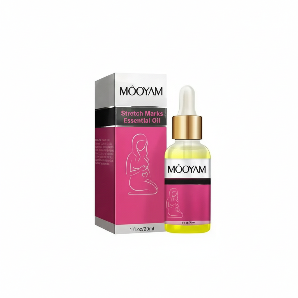 Stretch marks essential oil bottle and packaging on a white background