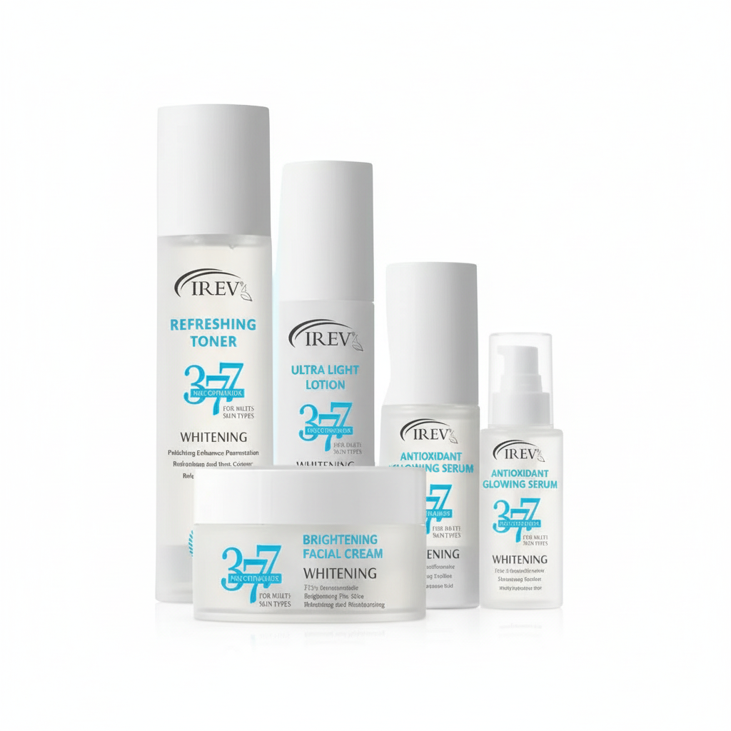 Set of IREV skincare products on a white background