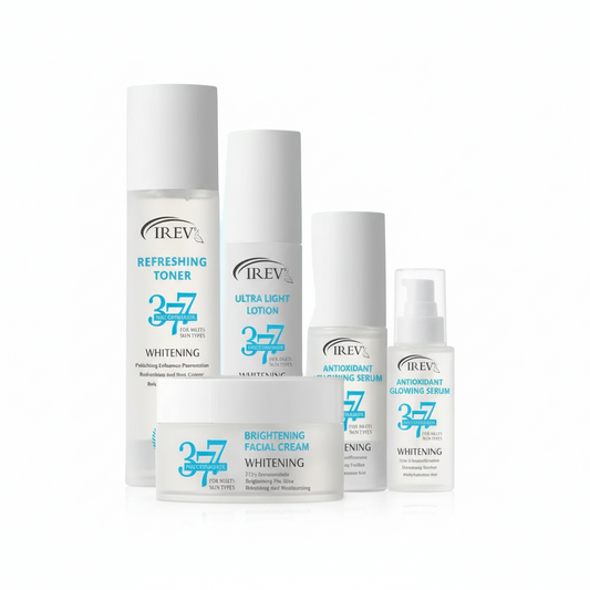 Set of IREV skincare products on a white background