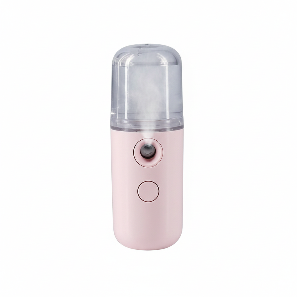 Pink and clear handheld nano mist on a white background