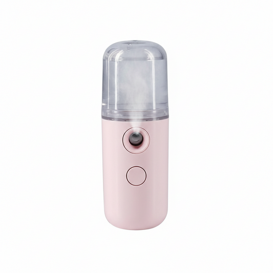 Pink and clear handheld nano mist on a white background
