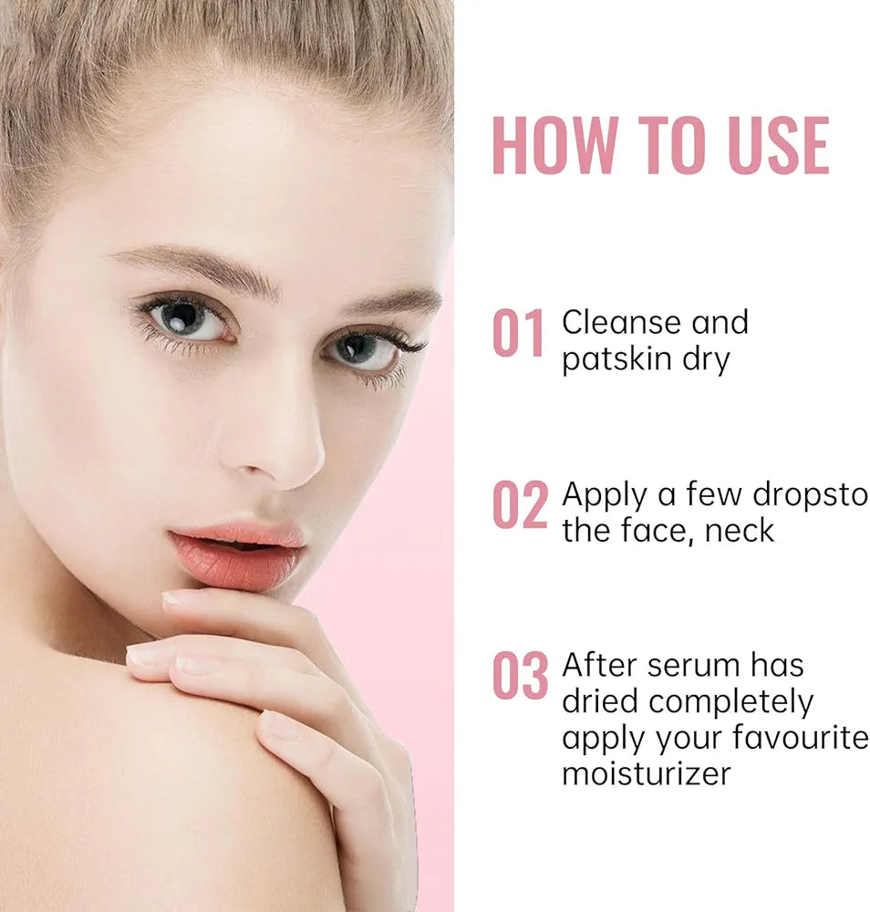 Instructions on how to use a skincare serum with a close-up of a woman's face.