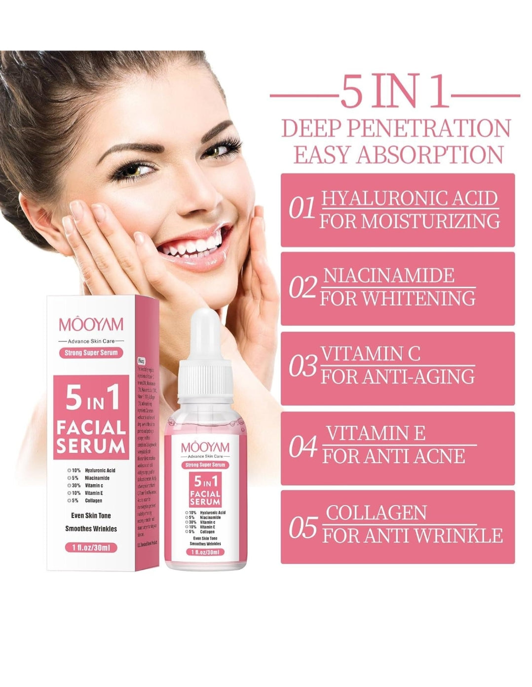 5-in-1 facial serum with packaging and benefits listed on a white background