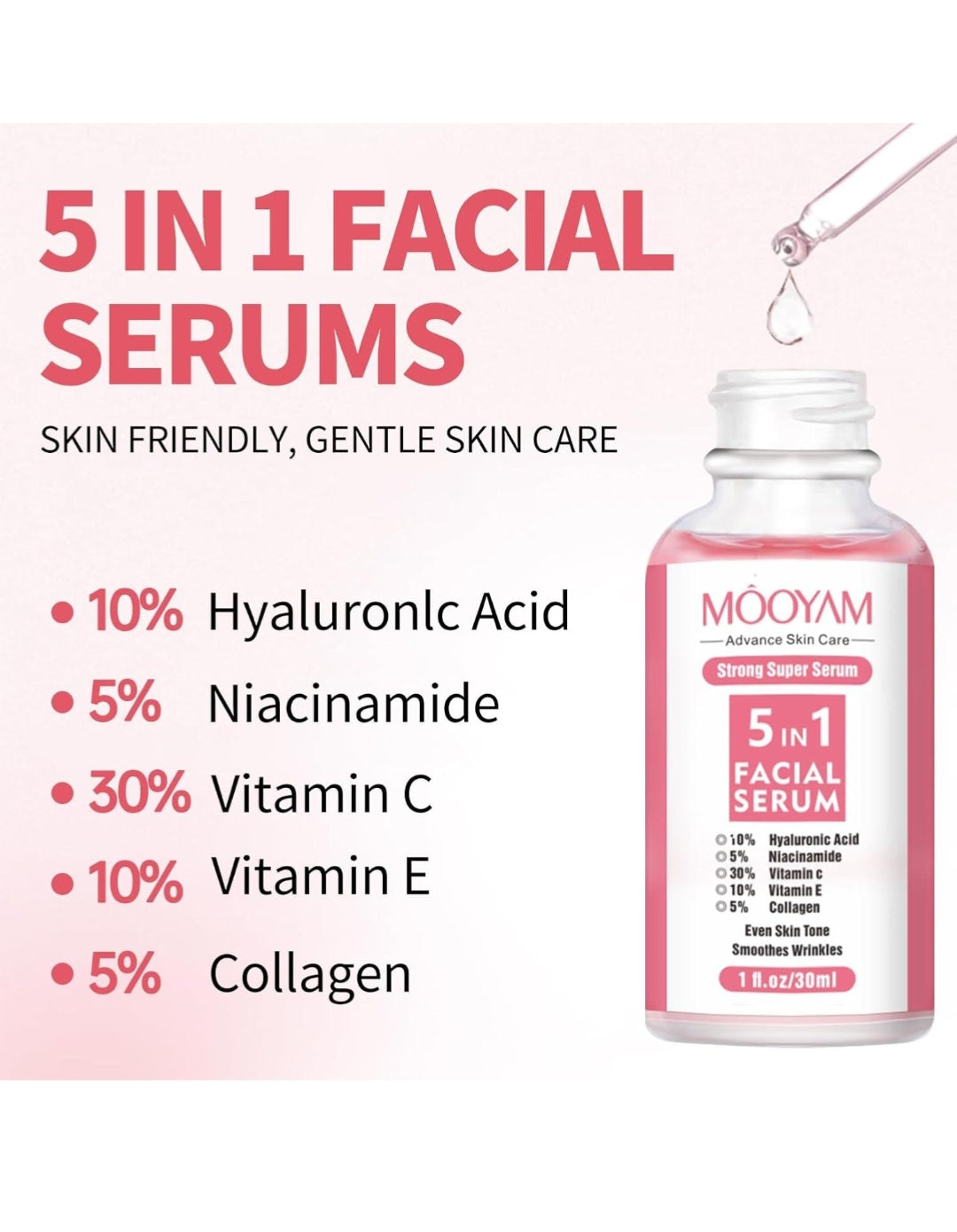 5-in-1 facial serum bottle with ingredients listed on a pink background