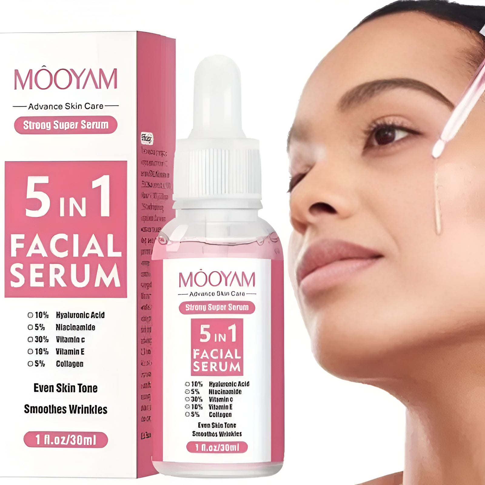 5-in-1 facial serum with packaging and a close-up of a woman's face.