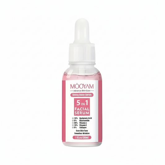 5-in-1 facial serum bottle with dropper on a white background